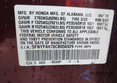 2012 Honda Pilot Ex-L z USA, uszkodzony, nr VIN 5FNYF4H78CB056929